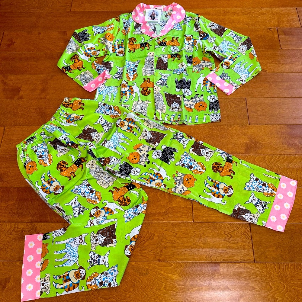 Doggy printed pearls silk pajamas sets